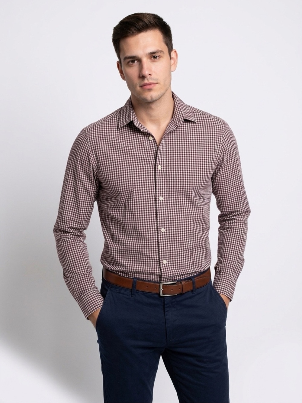 H&M Men’s Slim Fit Gingham Dress Shirt Burgundy White M Long Sleeve Preppy